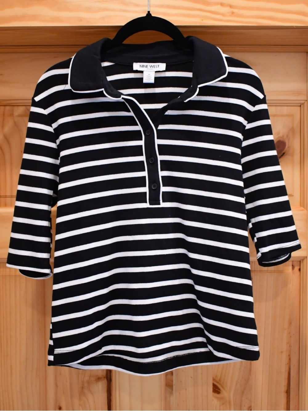 Nine West Button-Front Polo Black & White Striped Cotton Short Sleeve Top M